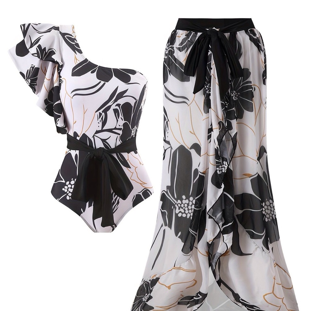 Black & White Floral One Shoulder Ruffle Swimsuit & Skirt Set - Sz. L - New